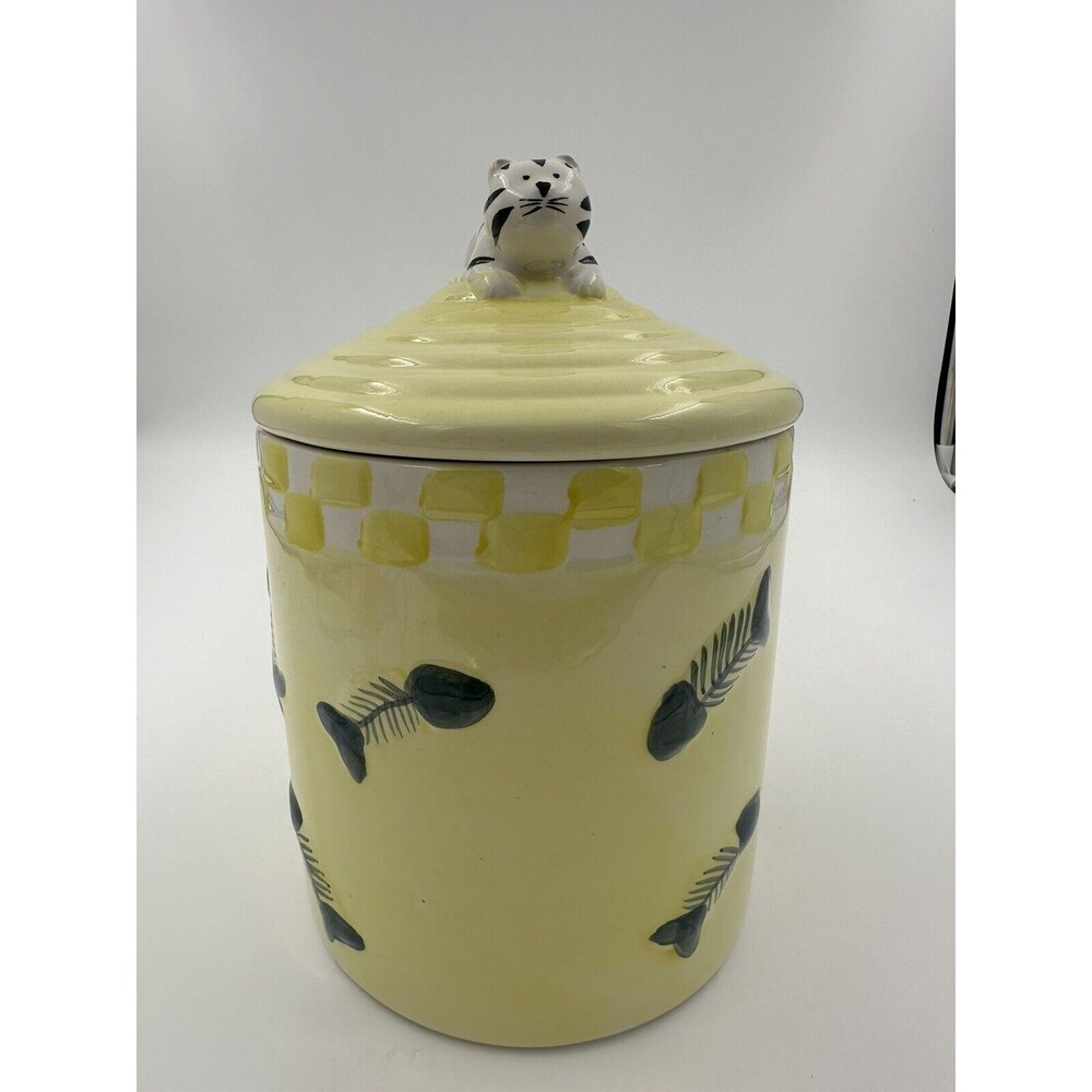 CAT 10" Ceramic Cookie Jar Collectible ALCO INDUSTRIES Yellow Fish Bones Rare